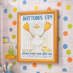 Vintage 1984 Figi Giftware Framed Print "Bottoms Up!" Duck In Toilet 9x11.5"